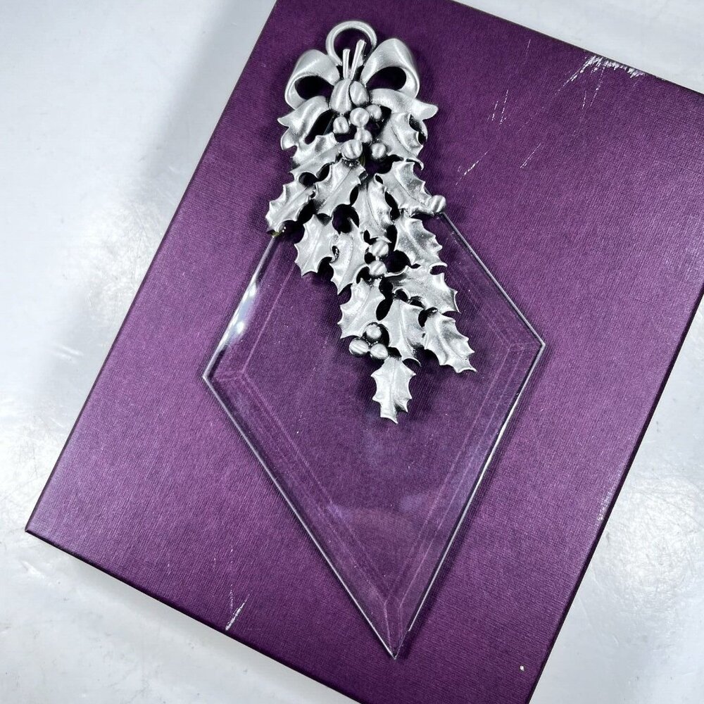 Vtg Camco Glass Diamond Clear  Pewter Ribbon Holly Christmas Ornament Boxed